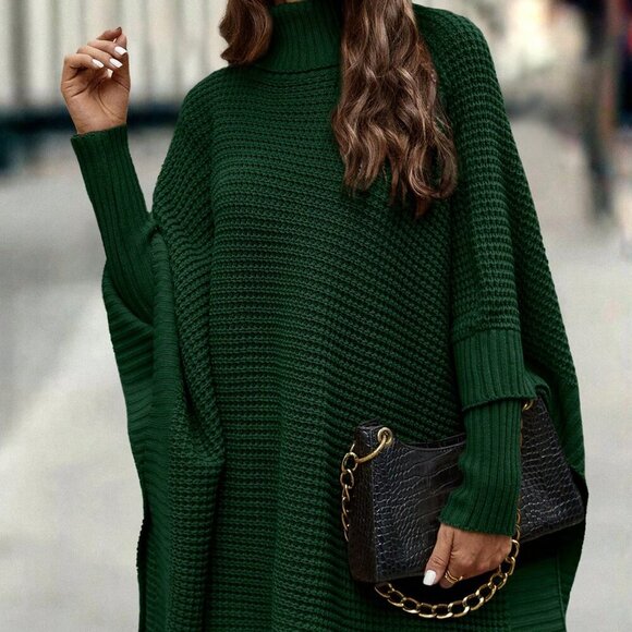 Dark Green Casual Women's Turtleneck Batwing Sleeve Poncho Sweater top - Picture 5 of 7